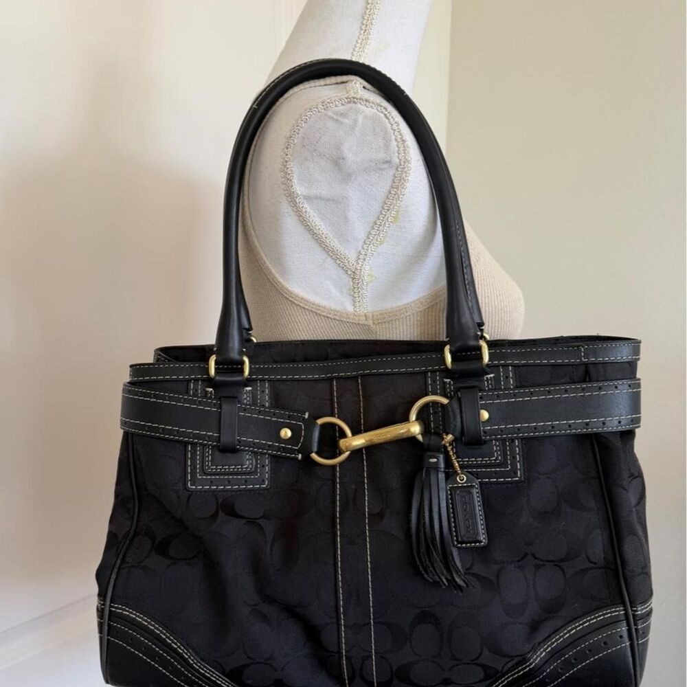 Vintage Black Coach Hamptons Signature Jacquard Shoulder Bag Tote Y2K